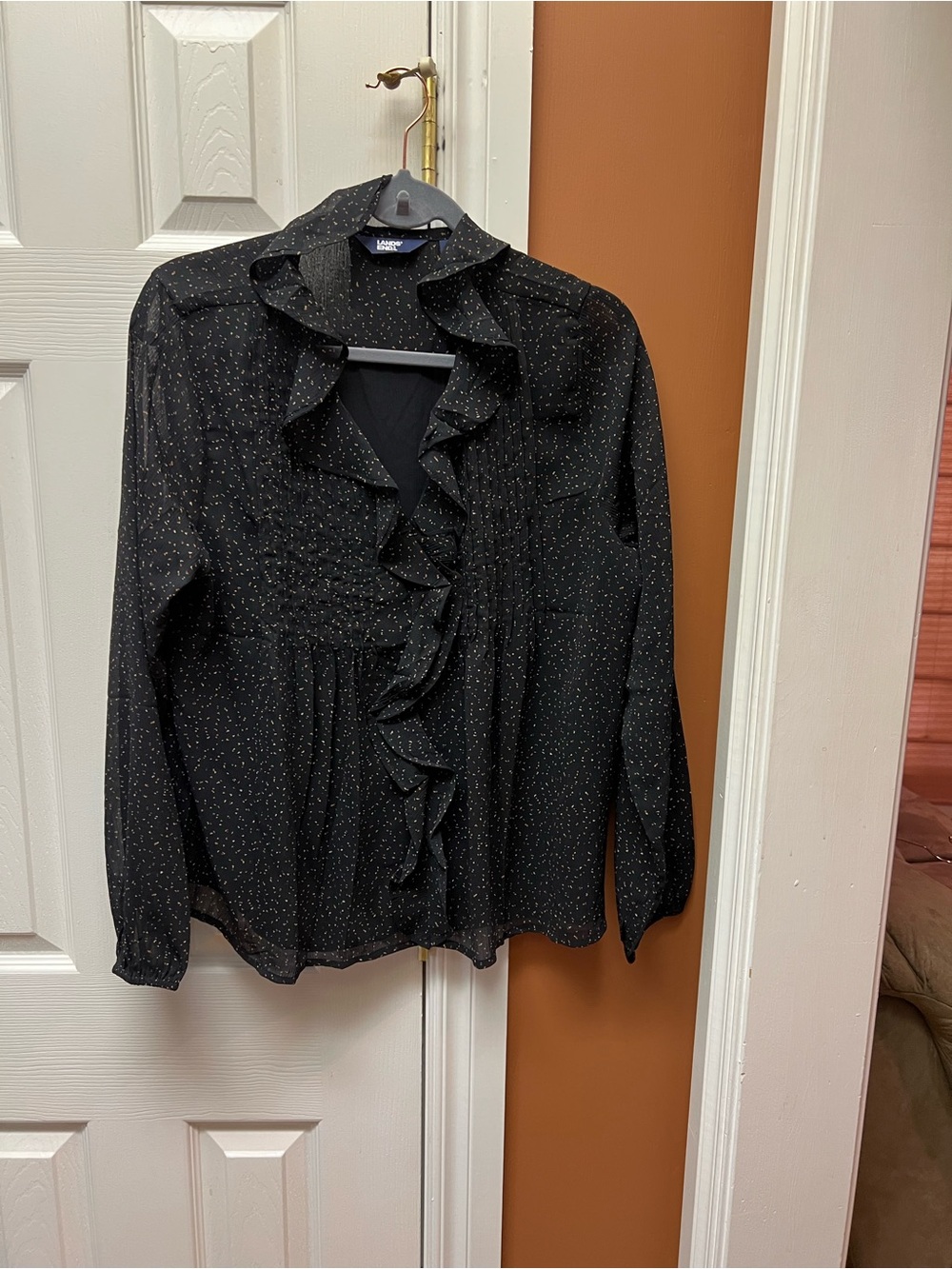 Lands' End Black Ruffle Front Long Sleeve Blouse with tan/brown Speckle